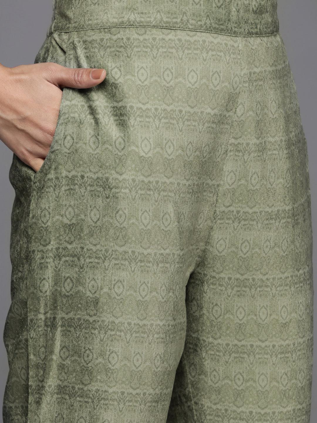 Green Printed Velvet Straight Kurta With Dupatta