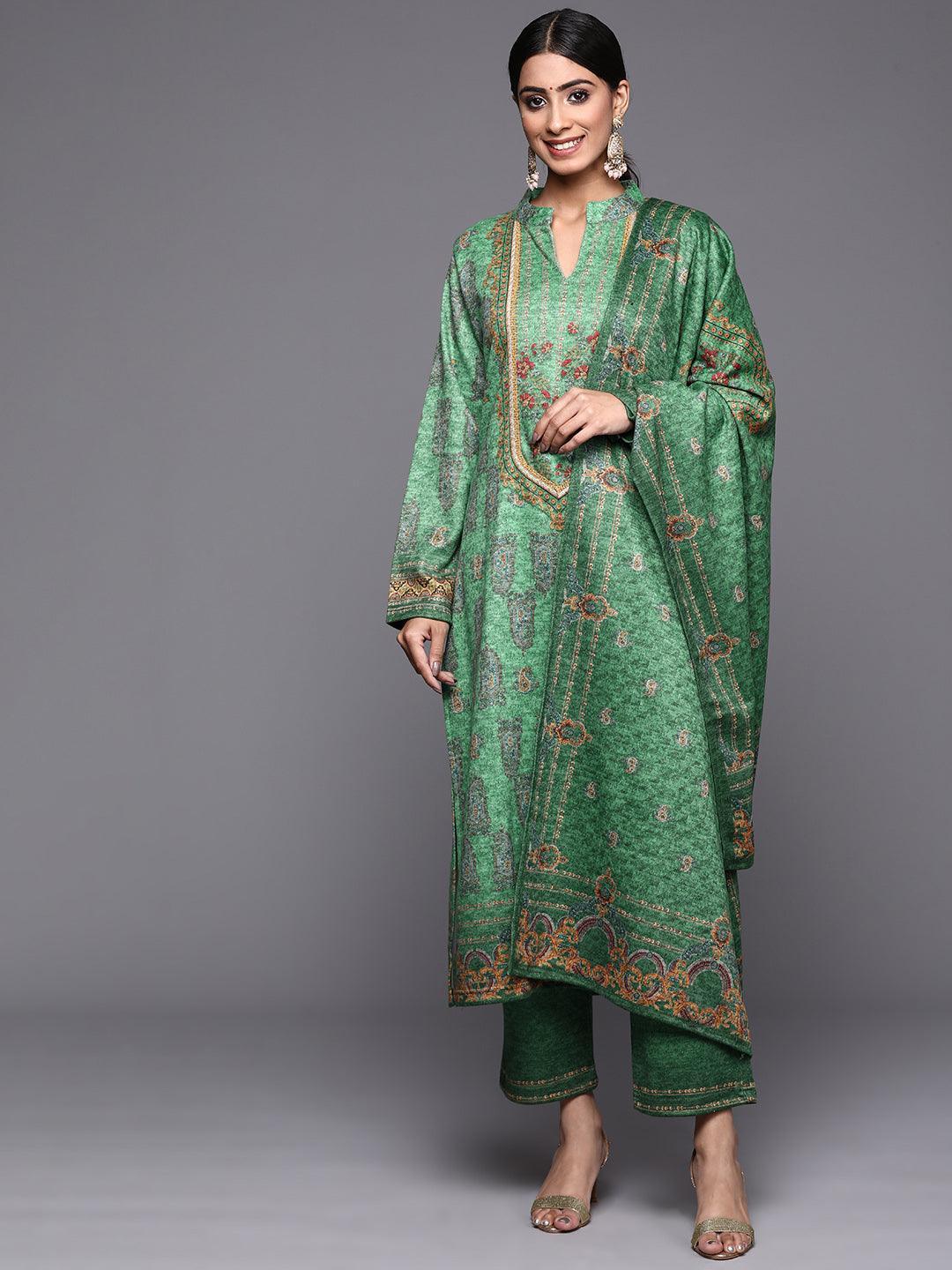 Green Printed Wool Straight Suit Set