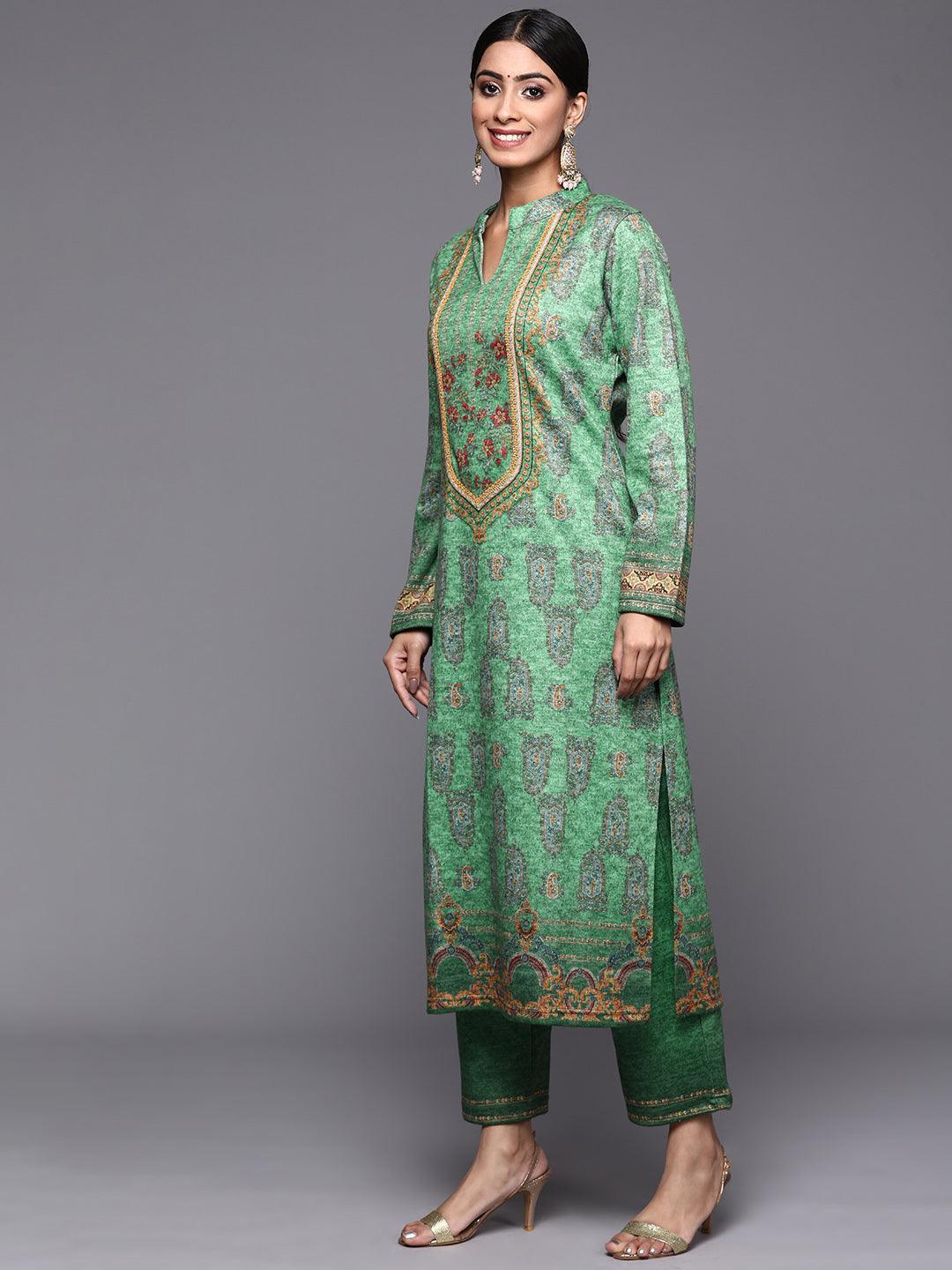 Green Printed Wool Straight Suit Set