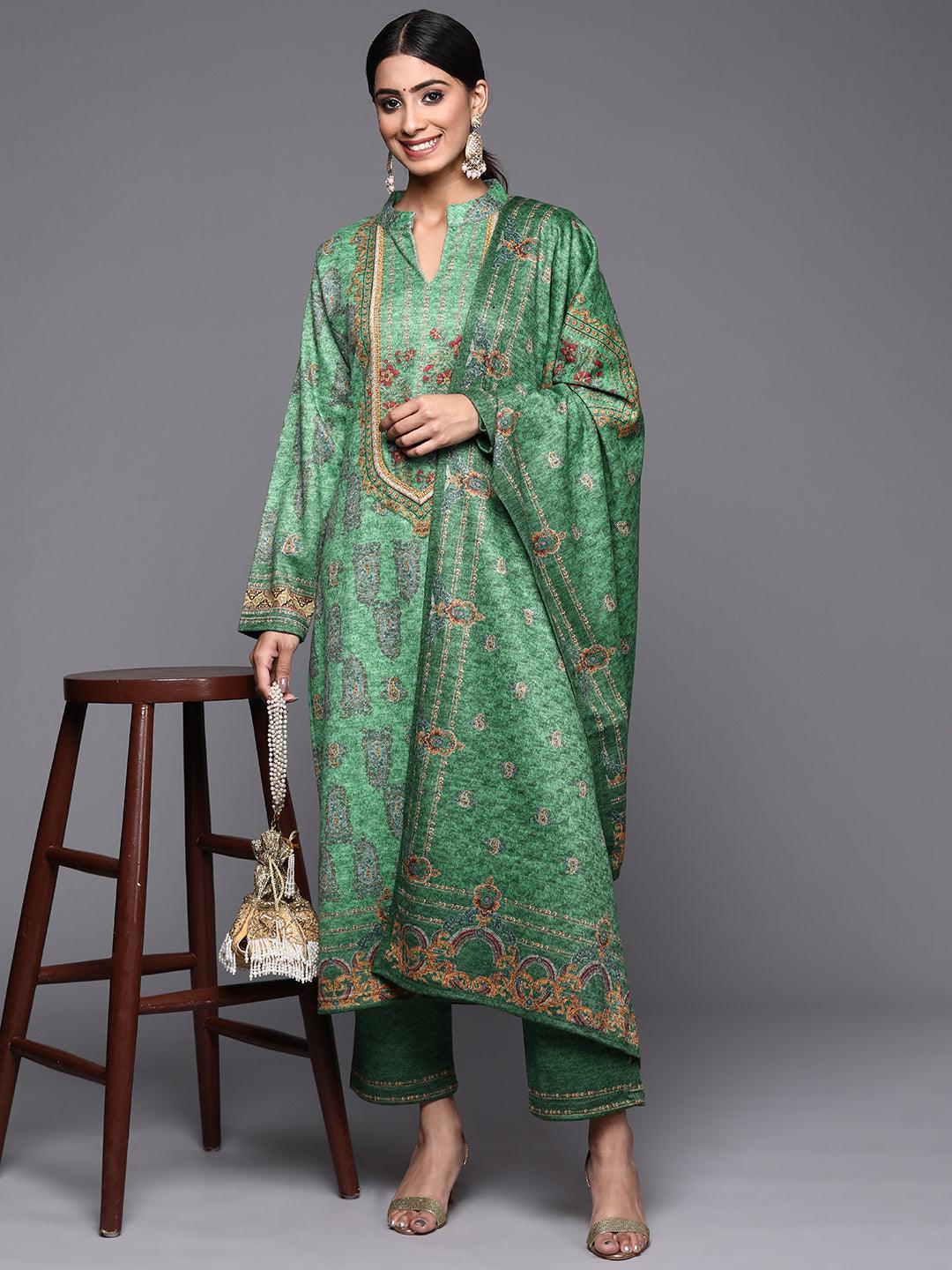 Green Printed Wool Straight Suit Set