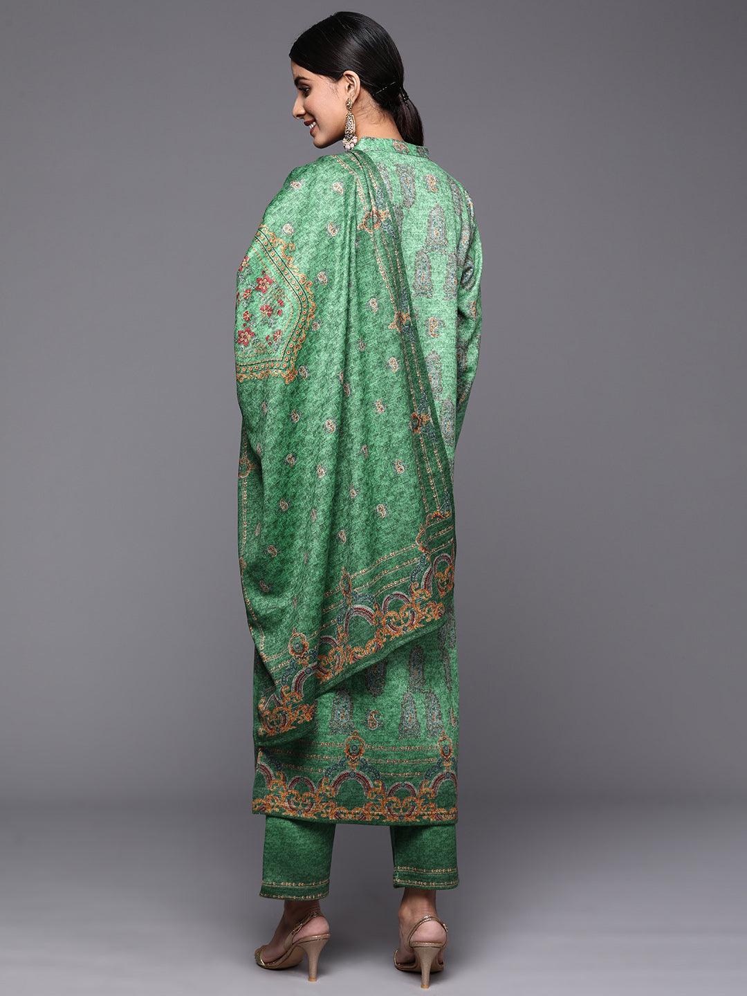 Green Printed Wool Straight Suit Set