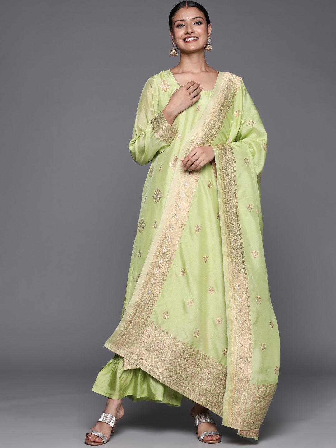 Green Self Design Chanderi Silk Straight Suit Set