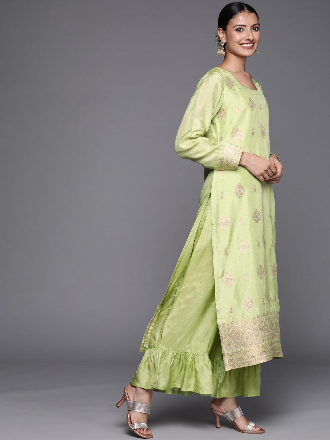 Green Self Design Chanderi Silk Straight Suit Set