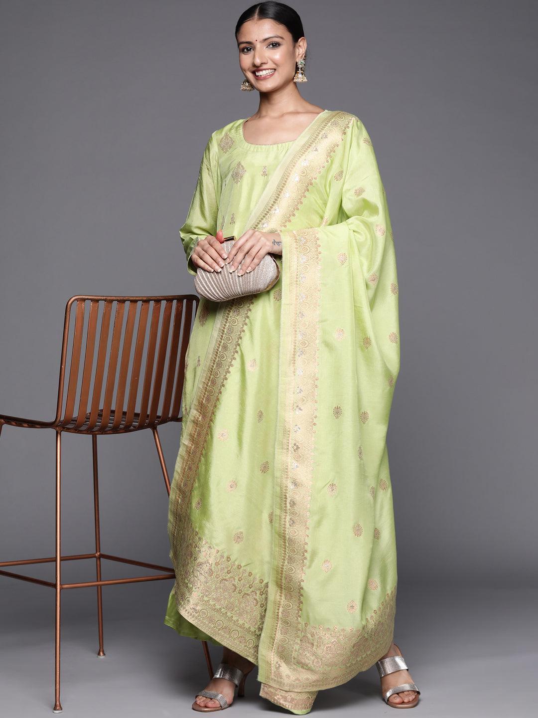 Green Self Design Chanderi Silk Straight Suit Set