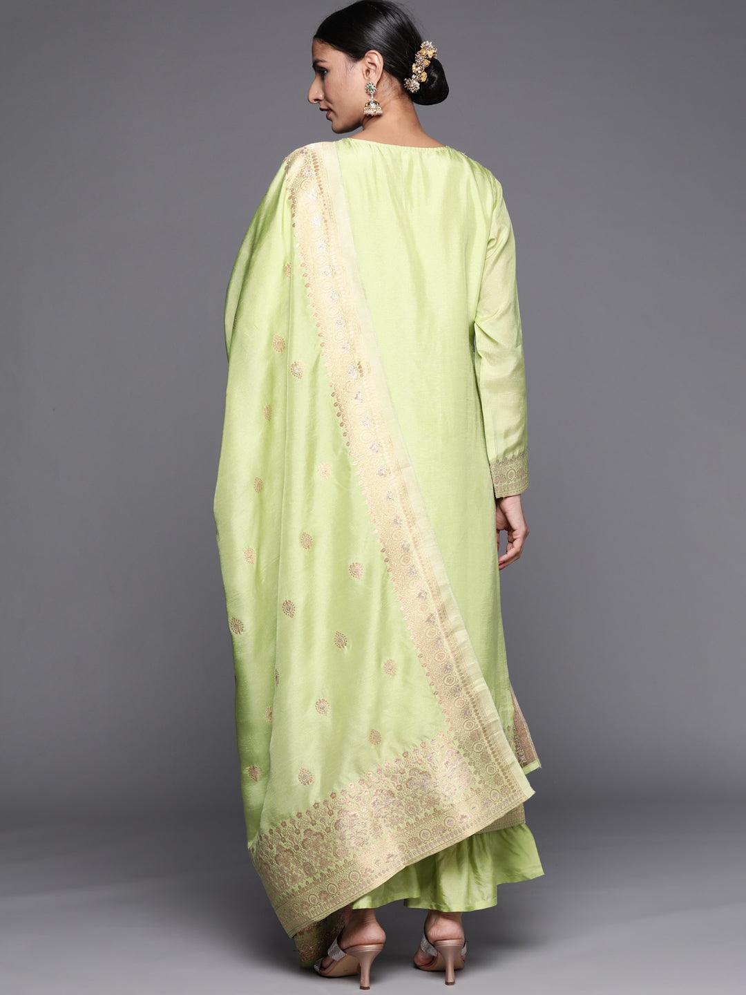 Green Self Design Chanderi Silk Straight Suit Set