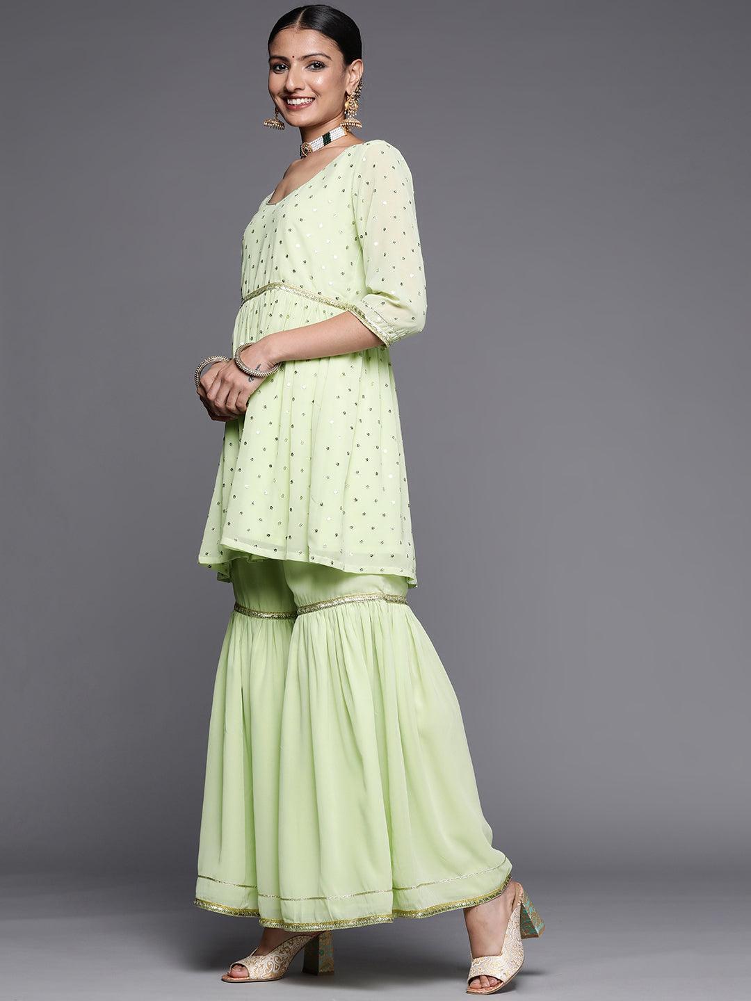 Green Self Design Georgette Anarkali Suit Set - ShopLibas