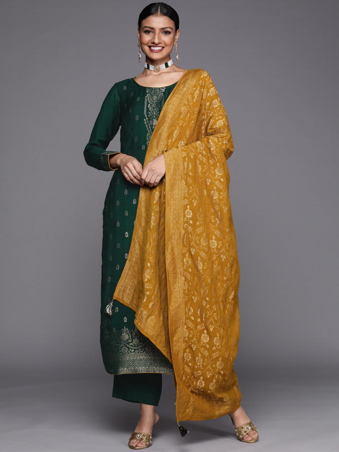 Green Self Design Pashmina Wool Straight Suit Set