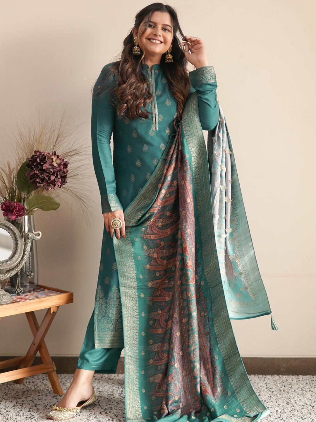 Green Self Design Pashmina Wool Straight Suit Set