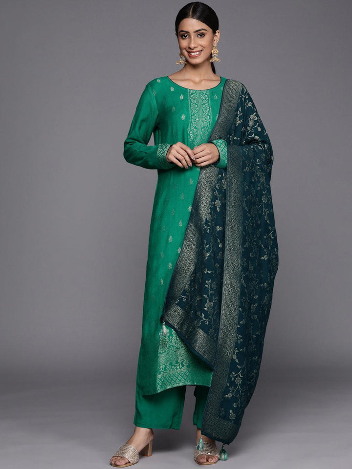 Green Self Design Pashmina Wool Straight Suit Set - ShopLibas