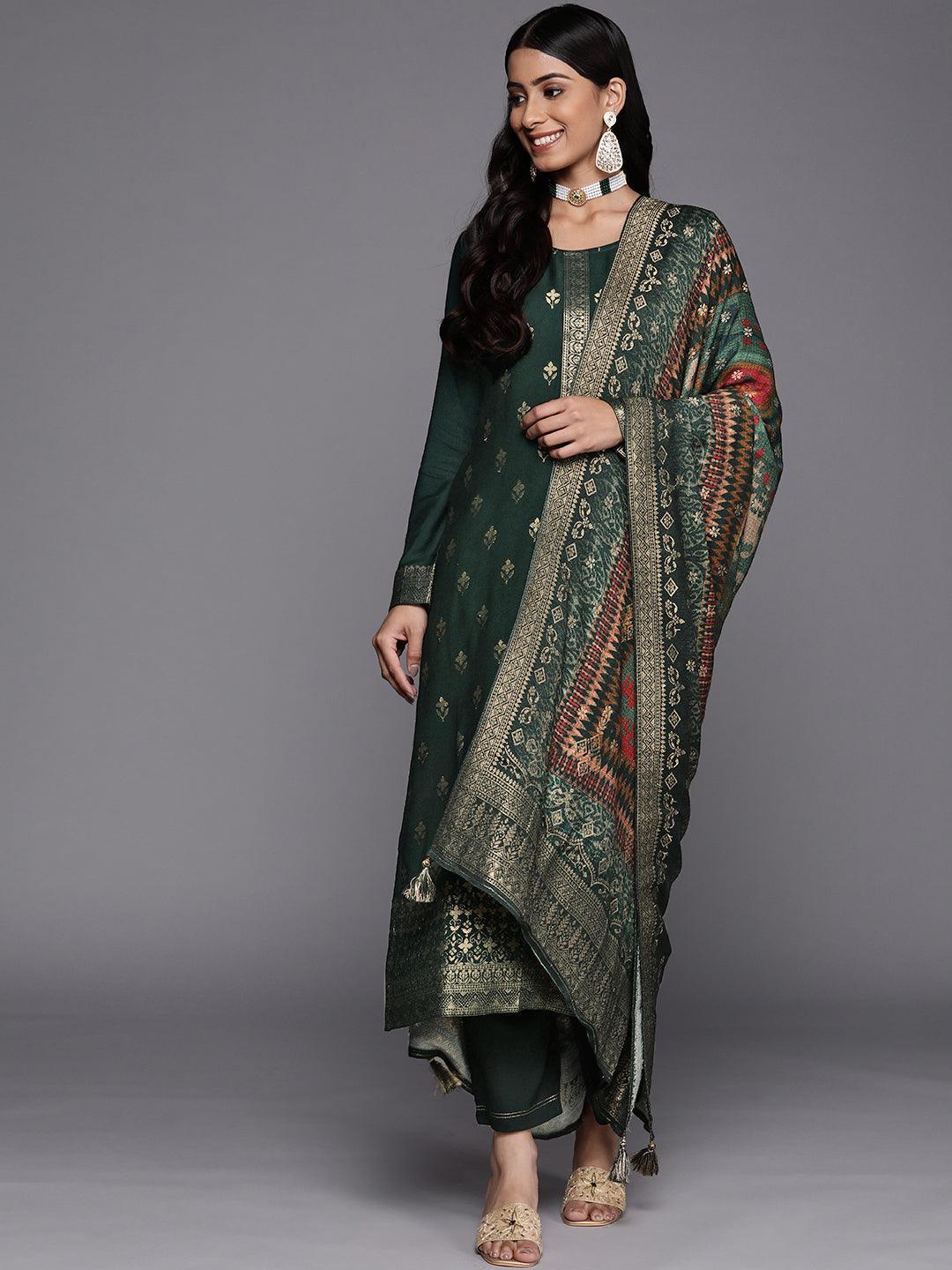 Green Self Design Pashmina Wool Straight Suit Set