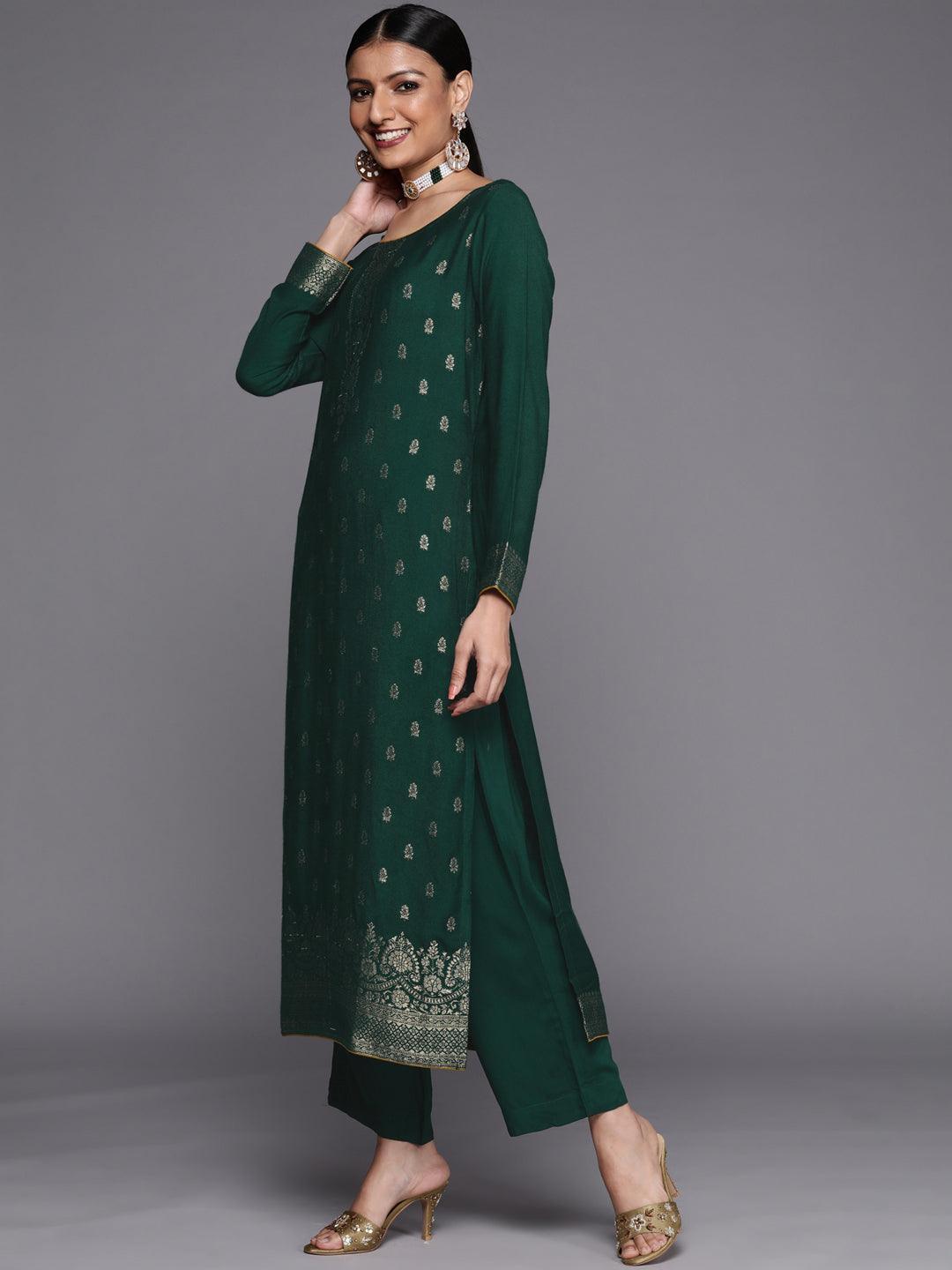 Green Self Design Pashmina Wool Straight Suit Set