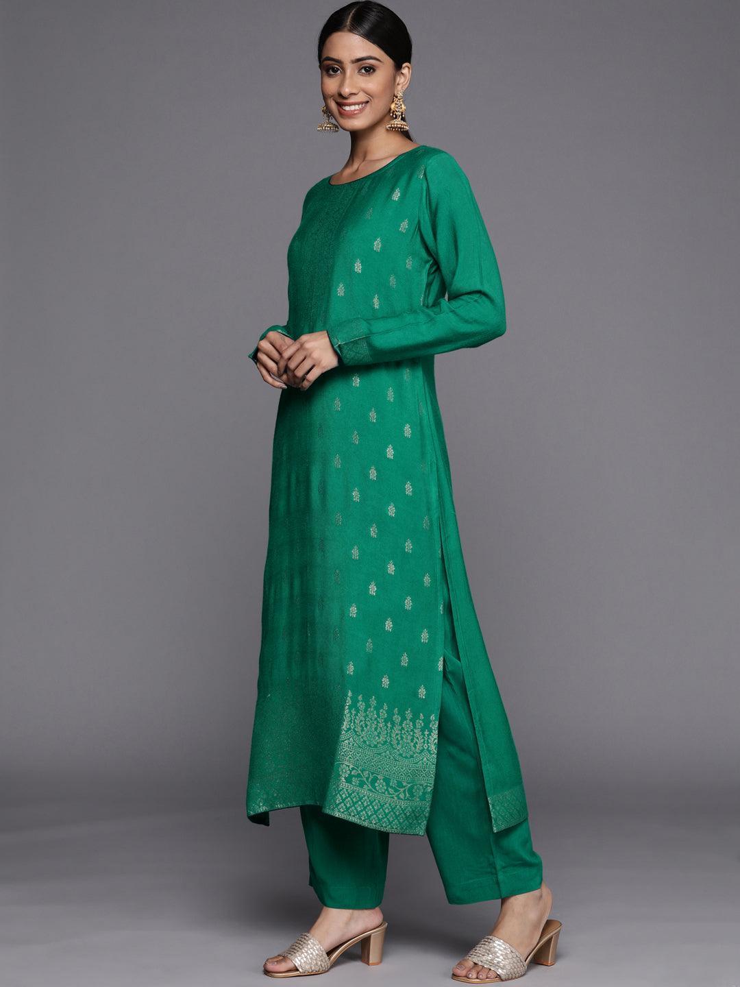 Green Self Design Pashmina Wool Straight Suit Set