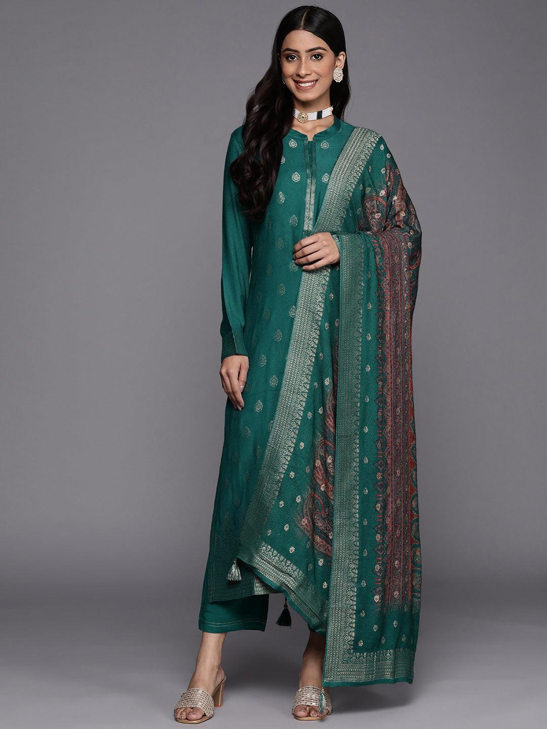 Green Self Design Pashmina Wool Straight Suit Set