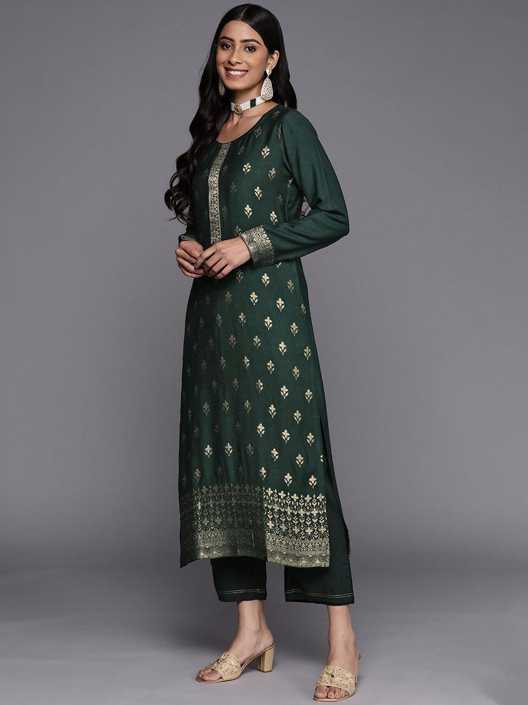 Green Self Design Pashmina Wool Straight Suit Set