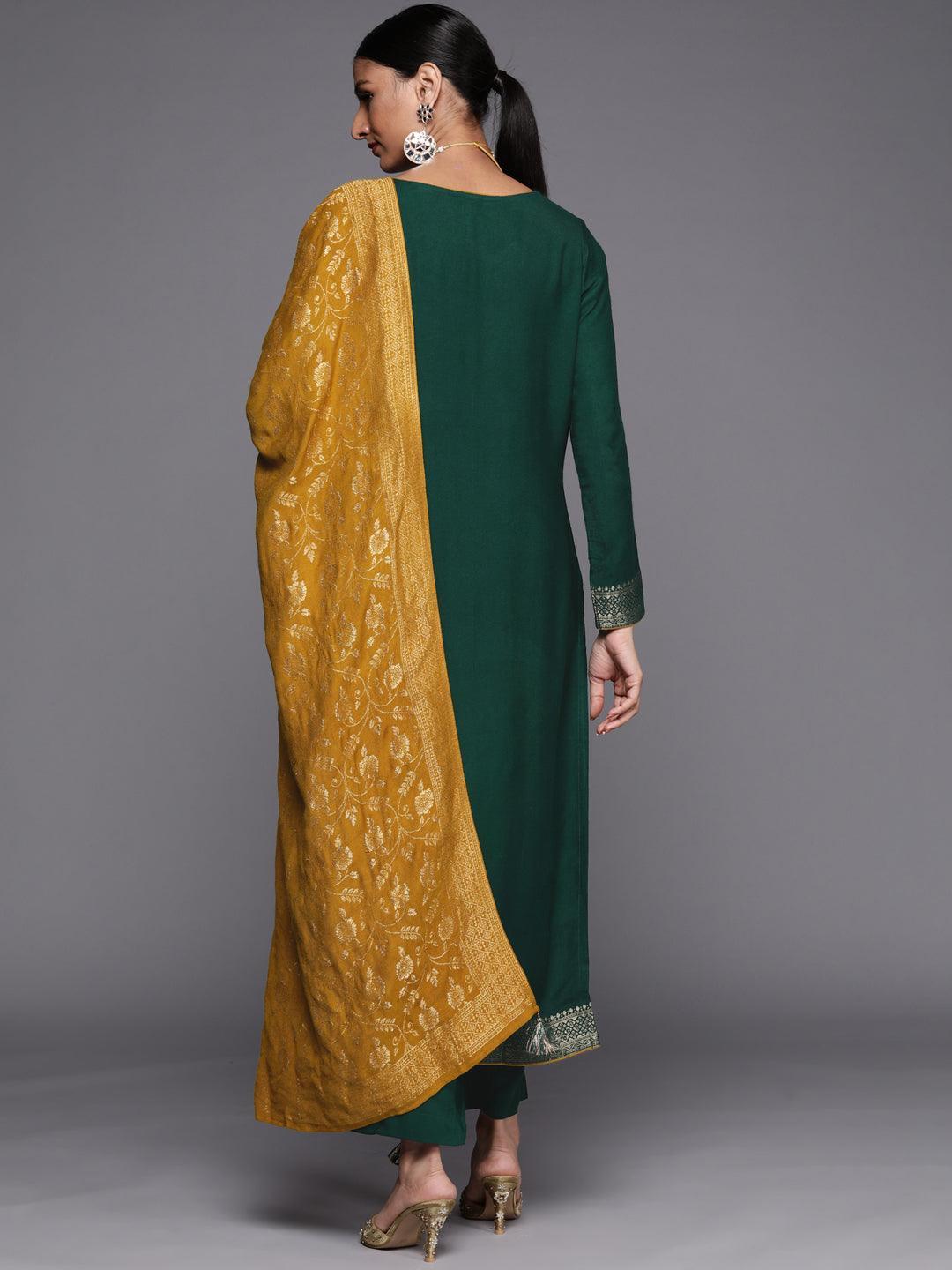 Green Self Design Pashmina Wool Straight Suit Set