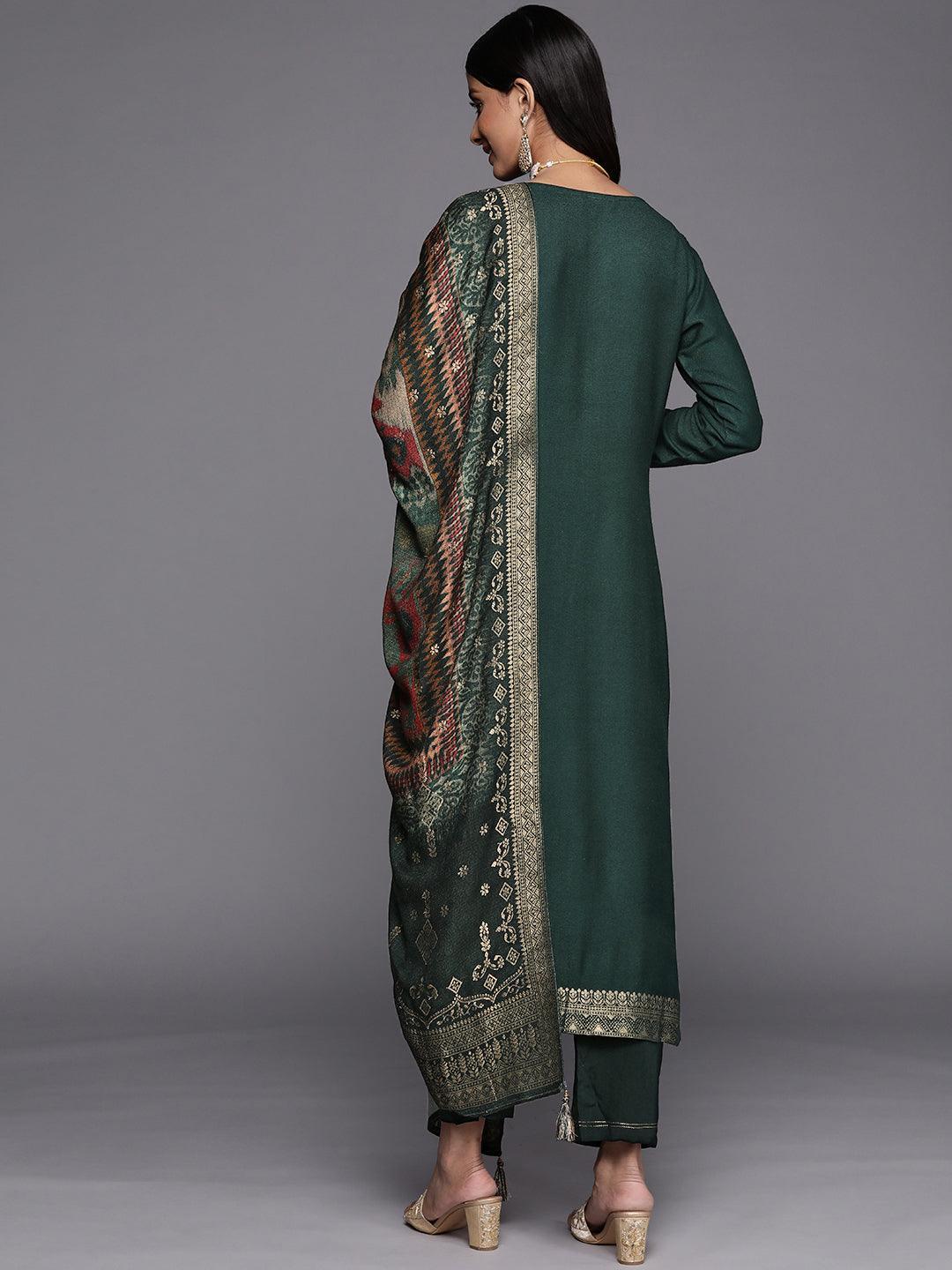 Green Self Design Pashmina Wool Straight Suit Set