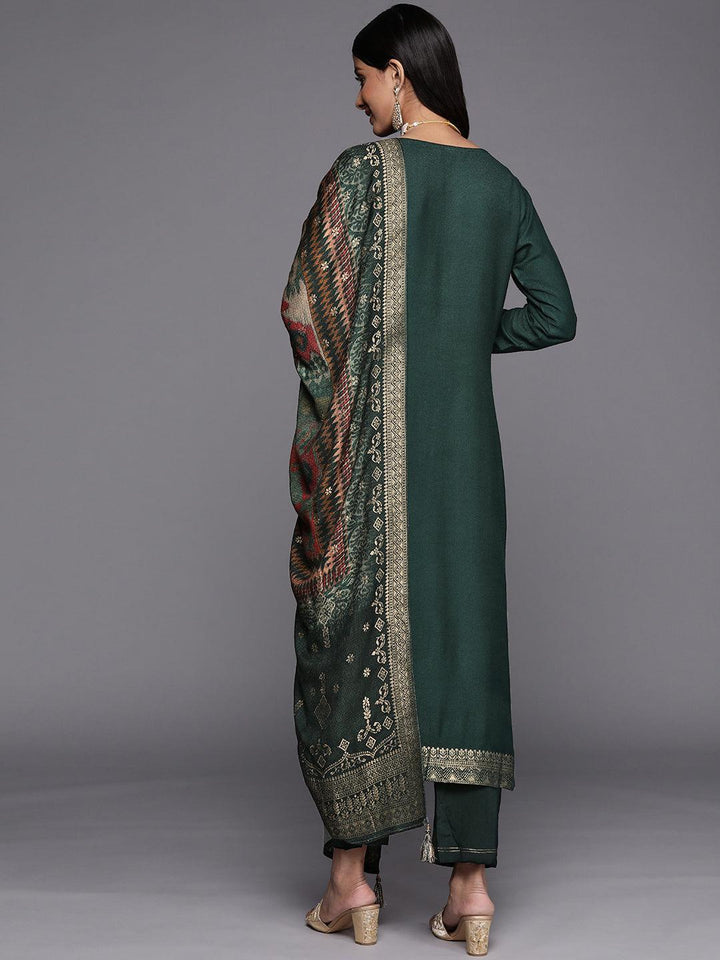 Green Self Design Pashmina Wool Straight Suit Set - ShopLibas