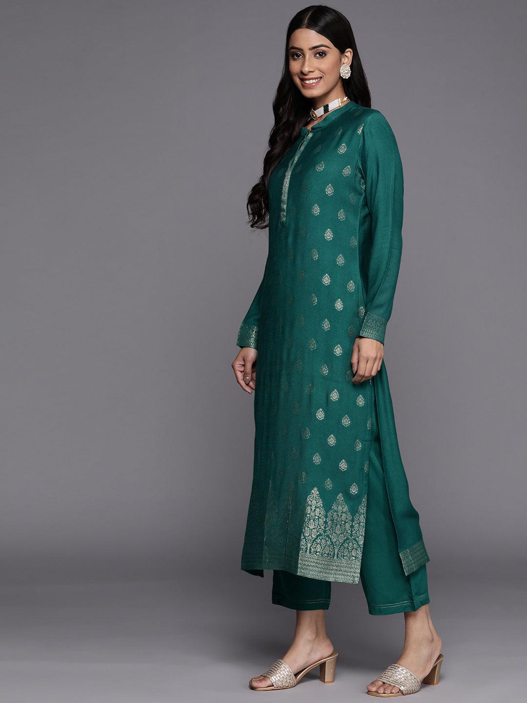 Green Self Design Pashmina Wool Straight Suit Set