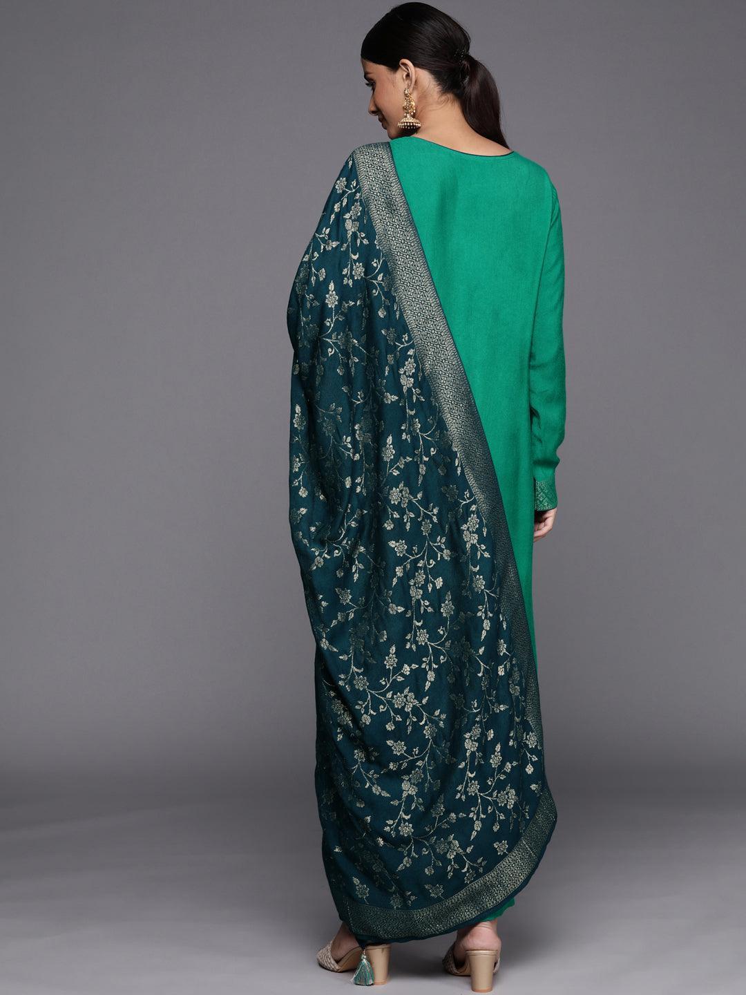 Green Self Design Pashmina Wool Straight Suit Set