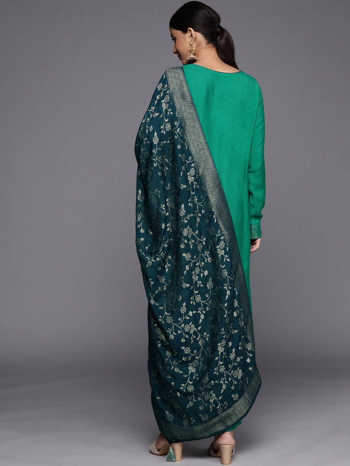 Green Self Design Pashmina Wool Straight Suit Set - ShopLibas