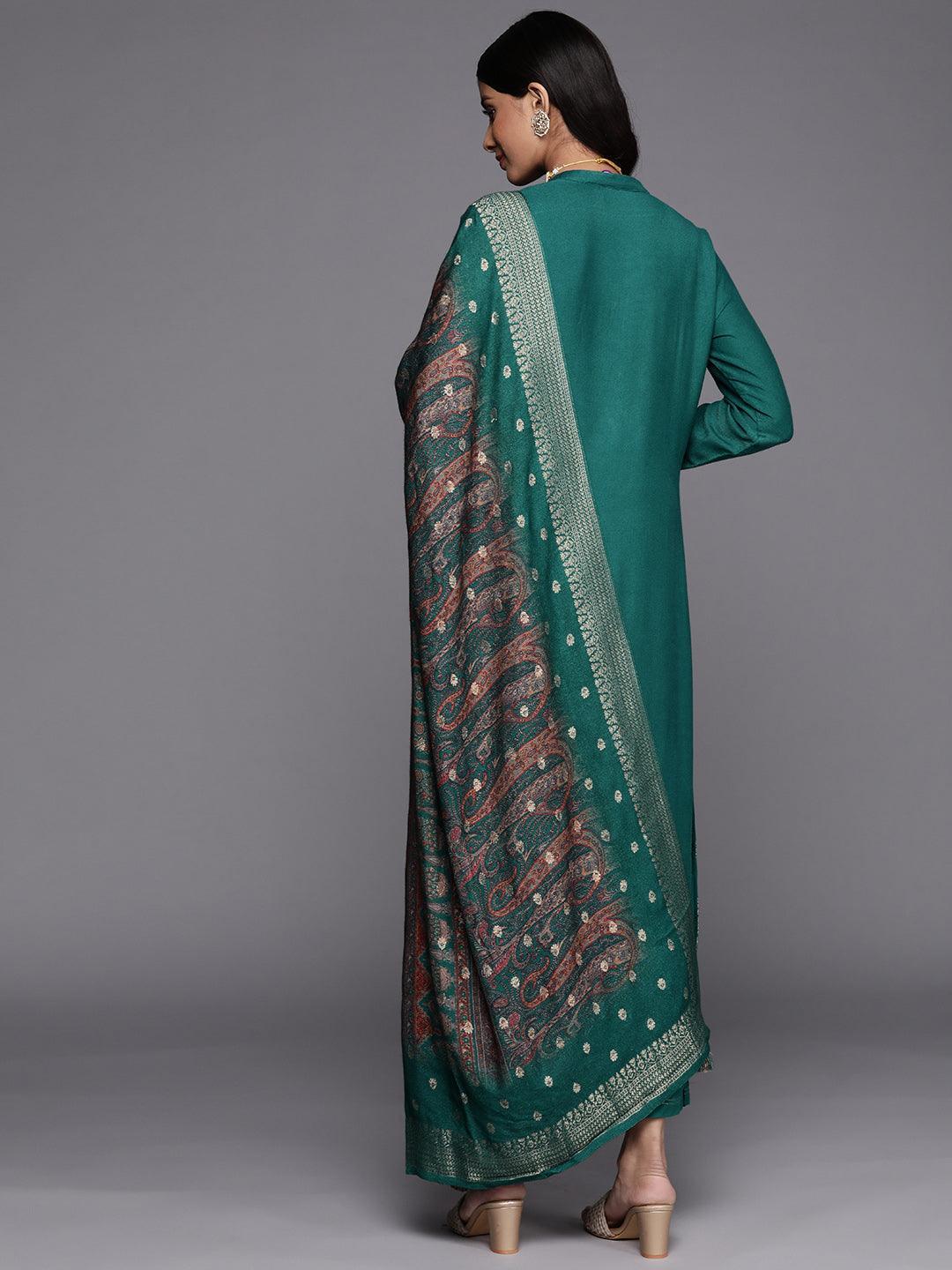 Green Self Design Pashmina Wool Straight Suit Set