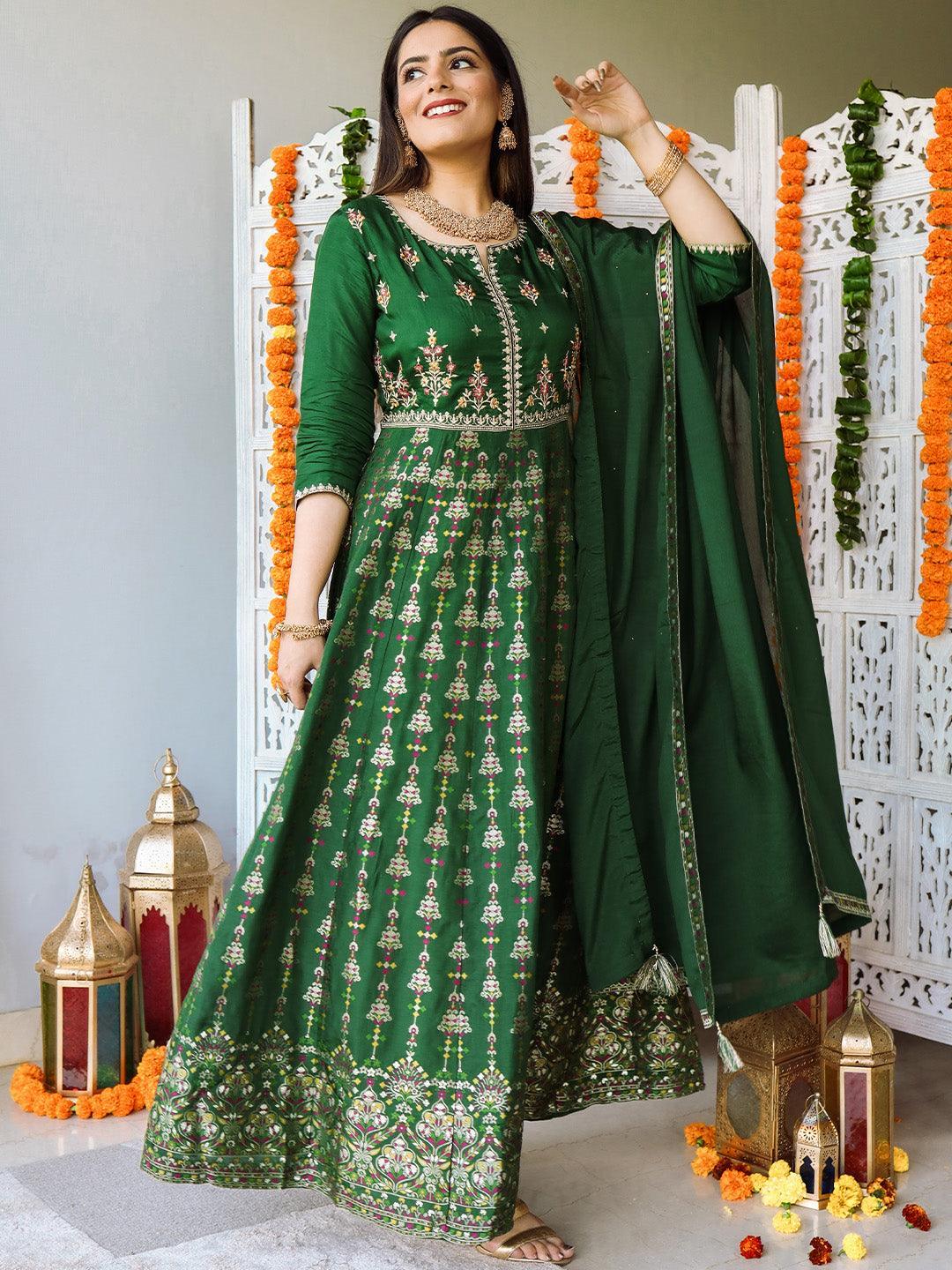 Green Self Design Silk Anarkali Suit Set