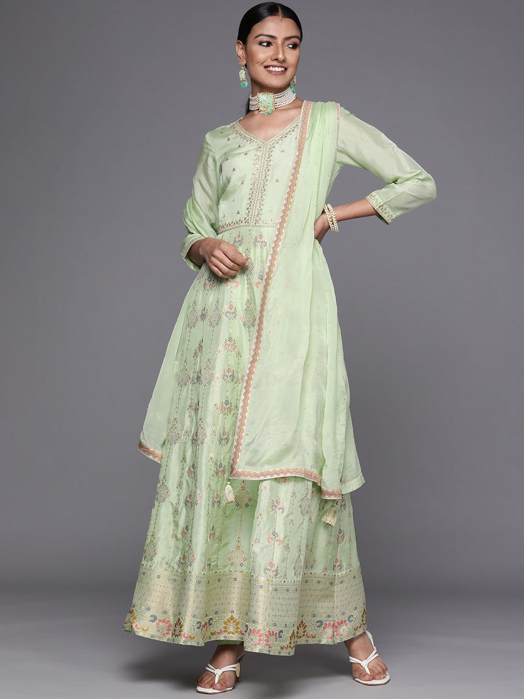 Green Self Design Silk Anarkali Suit Set - ShopLibas