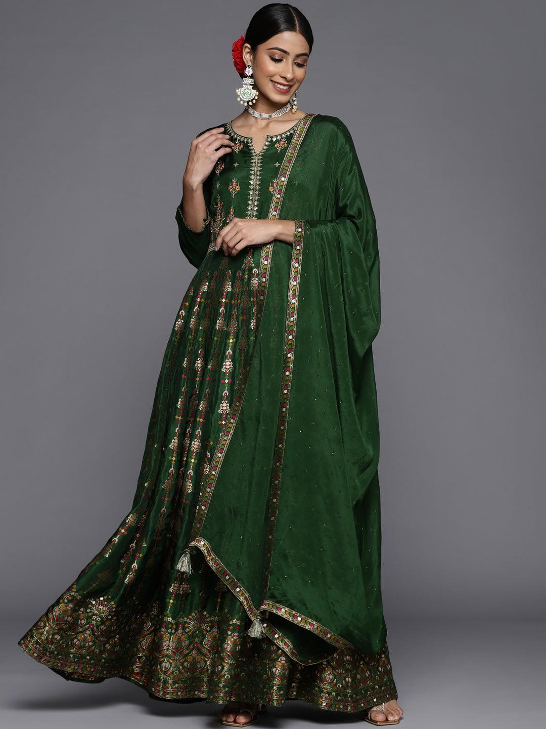 Green Self Design Silk Anarkali Suit Set - ShopLibas