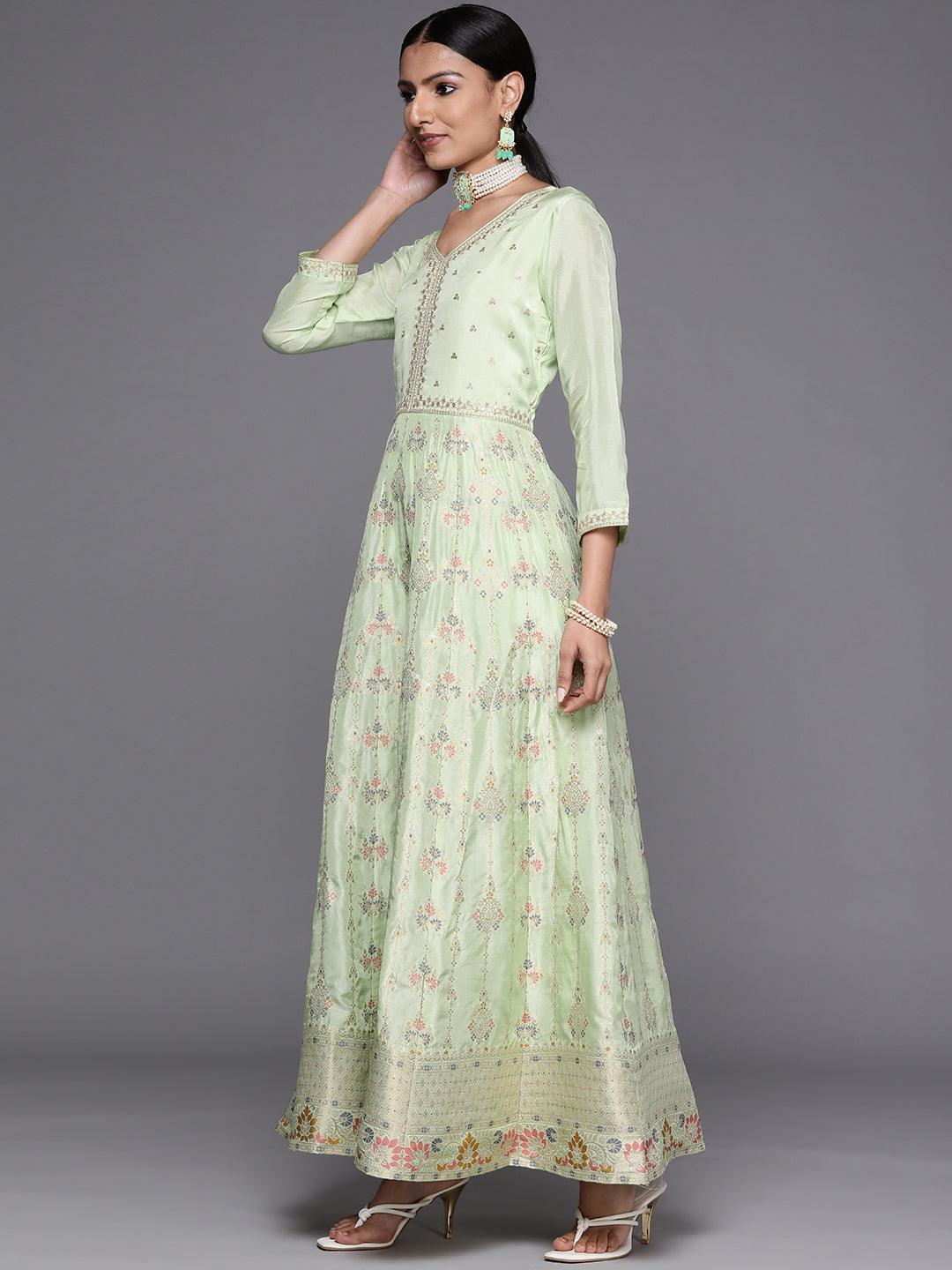 Green Self Design Silk Anarkali Suit Set - ShopLibas