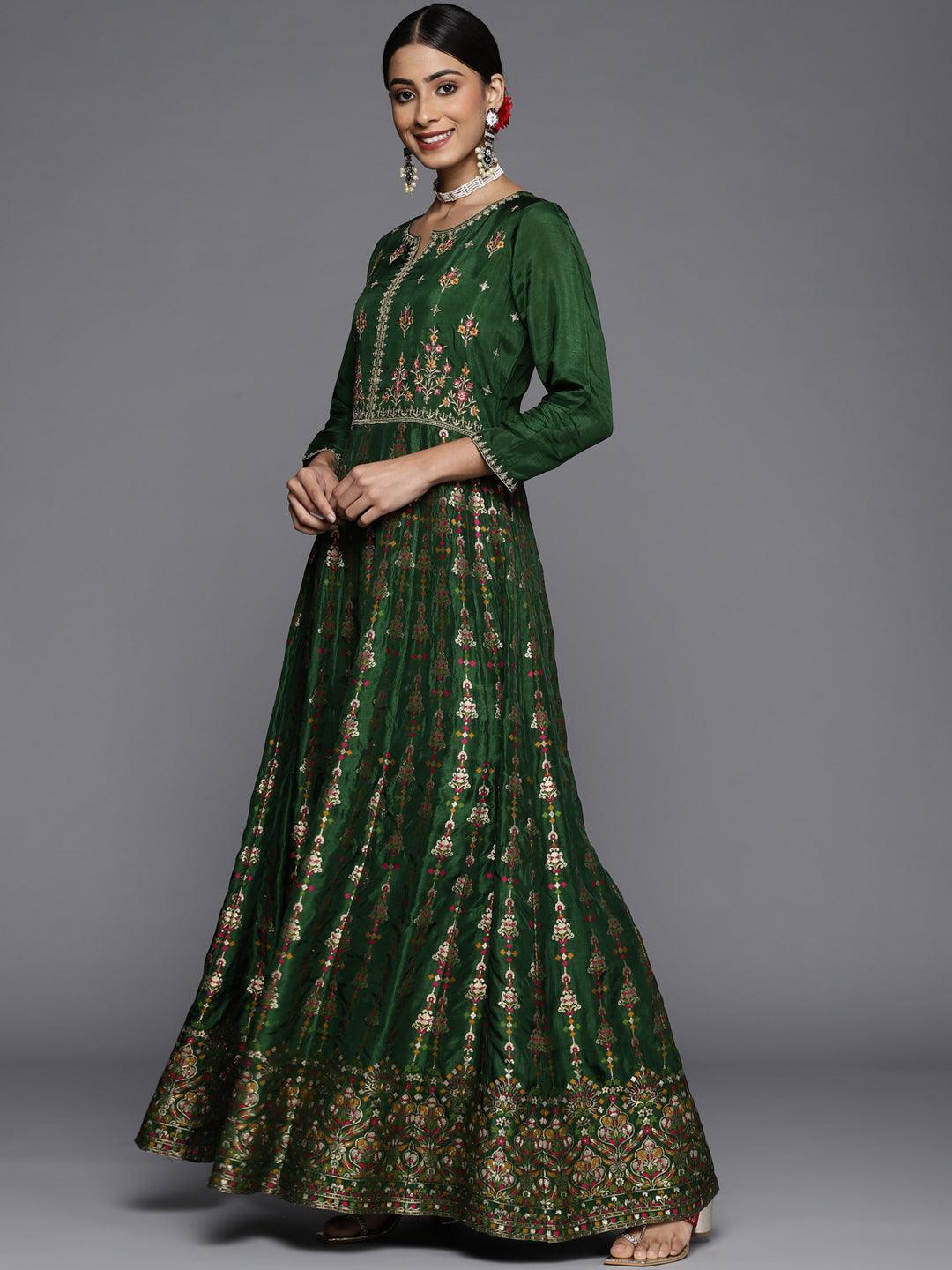 Green Self Design Silk Anarkali Suit Set - ShopLibas