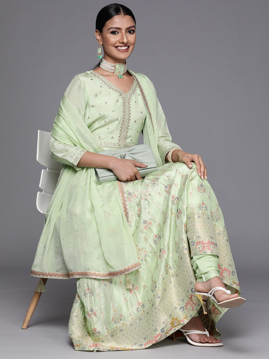 Green Self Design Silk Anarkali Suit Set