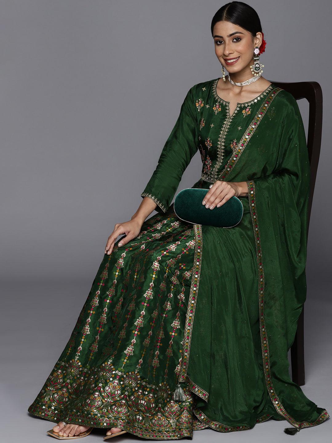 Green Self Design Silk Anarkali Suit Set - ShopLibas
