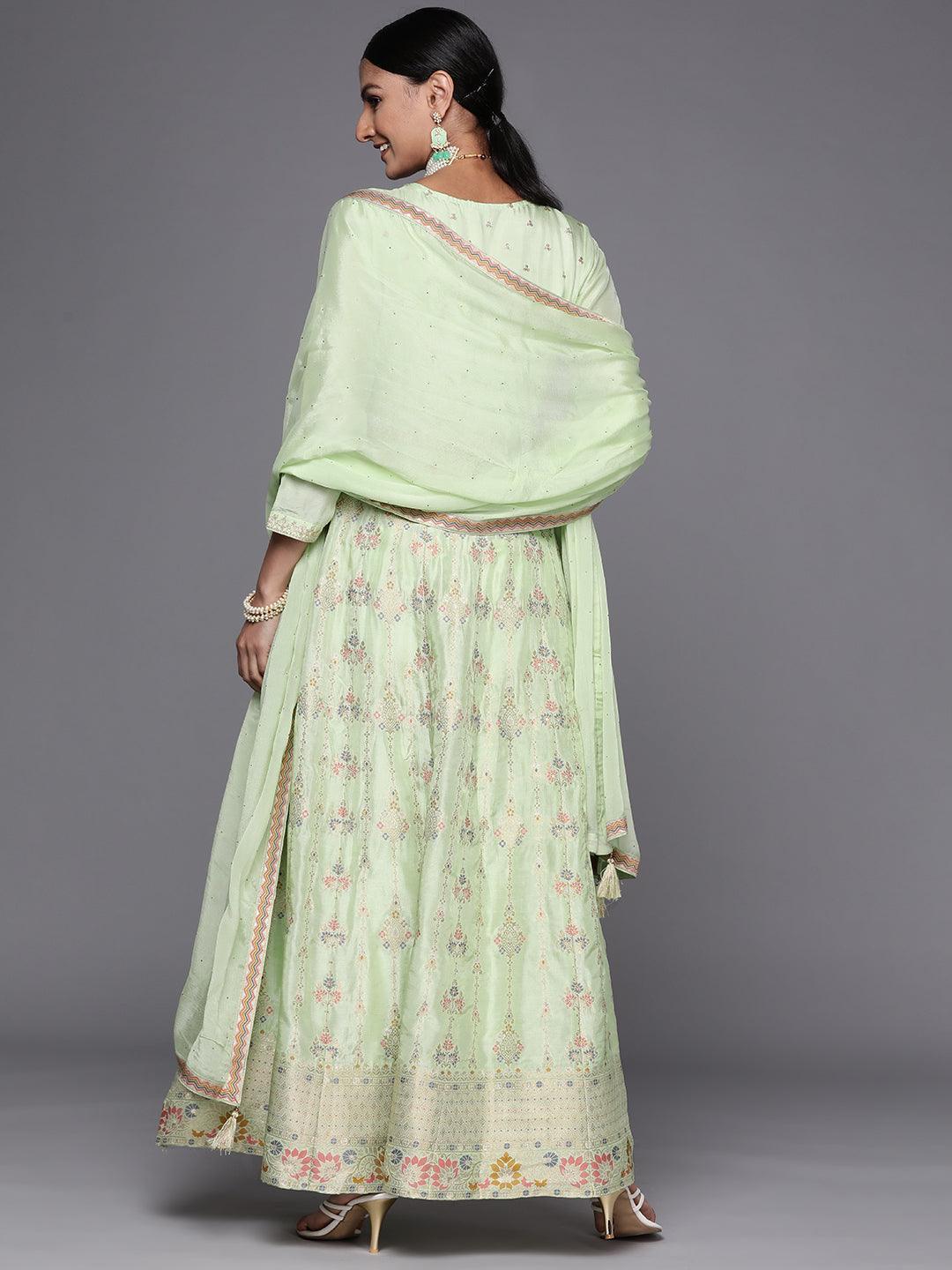 Green Self Design Silk Anarkali Suit Set