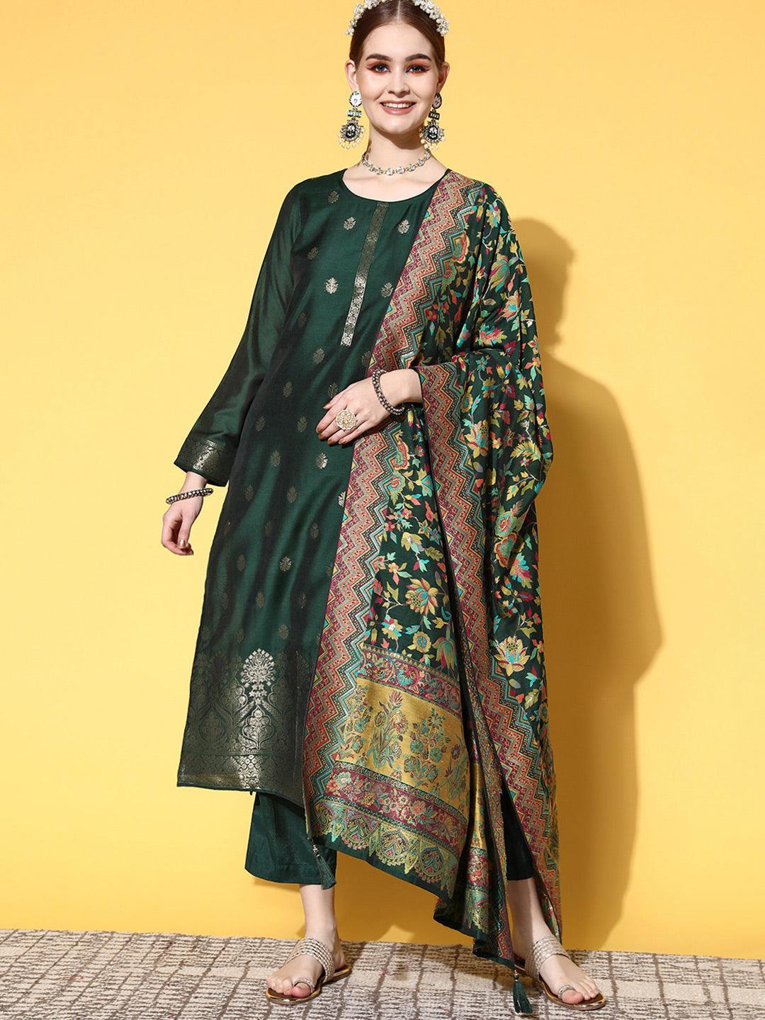 Green Self Design Silk Blend Straight Suit Set