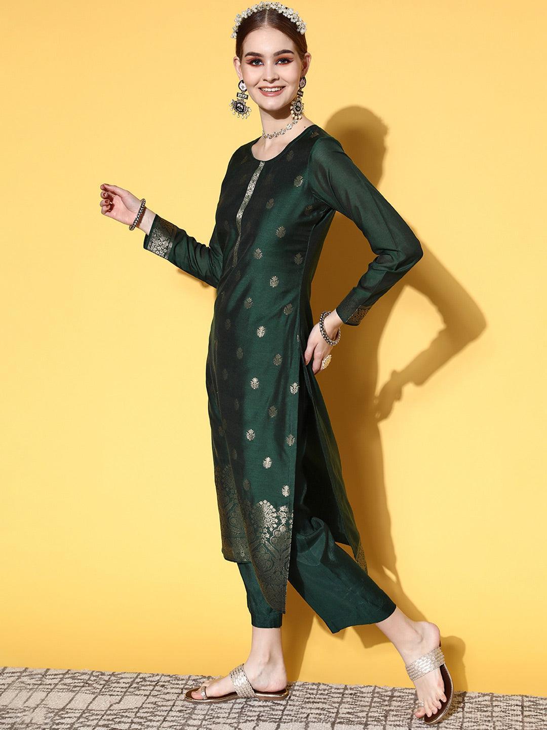 Green Self Design Silk Blend Straight Suit Set