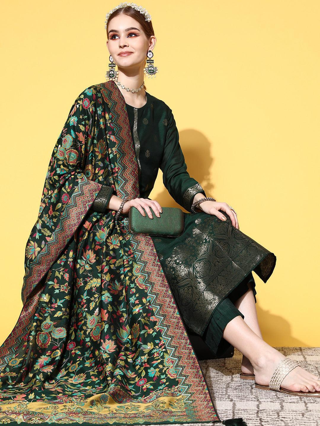 Green Self Design Silk Blend Straight Suit Set