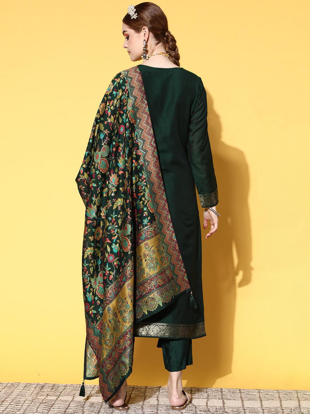 Green Self Design Silk Blend Straight Suit Set