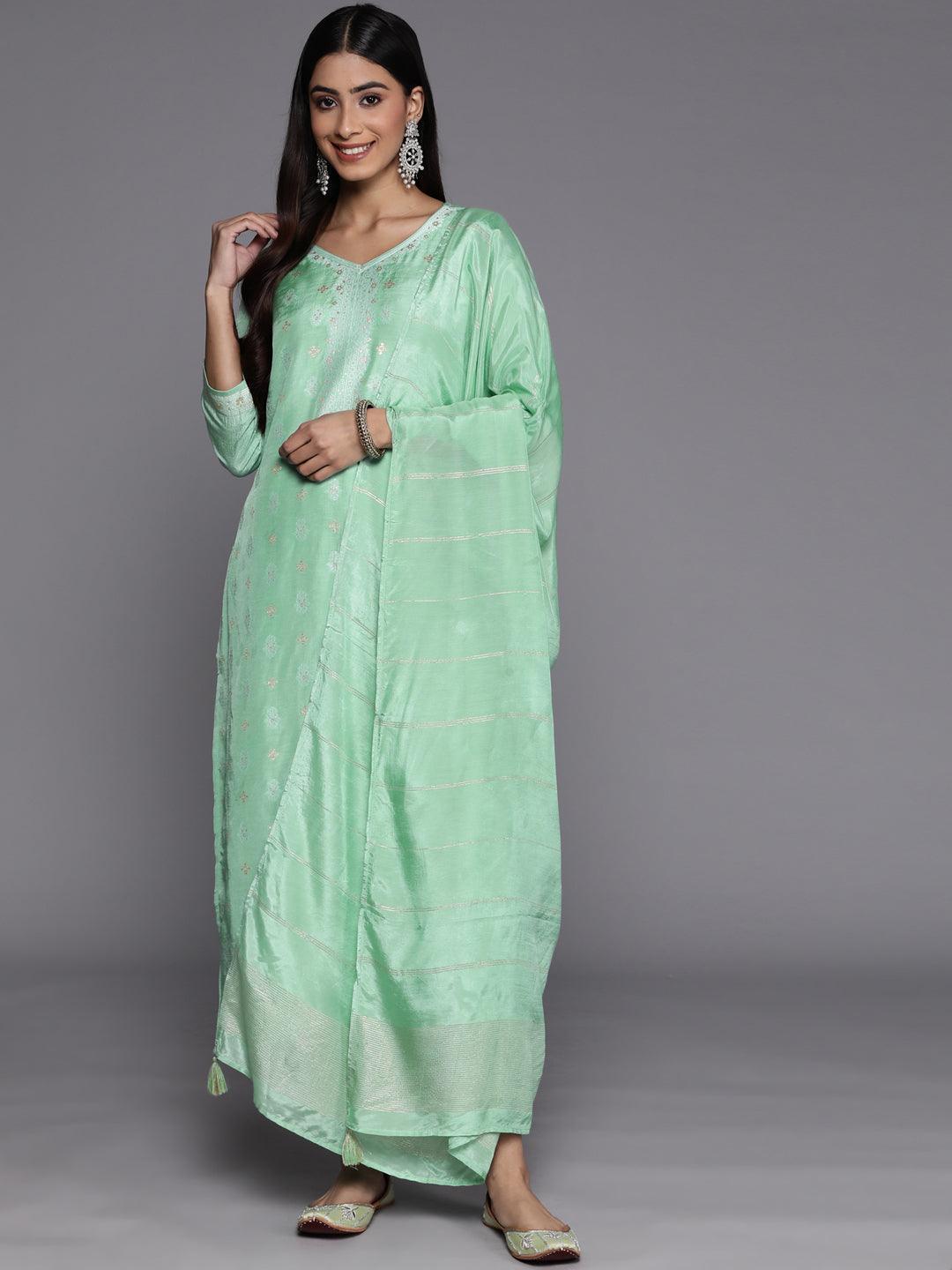 Green Self Design Silk Blend Suit Set With Trousers