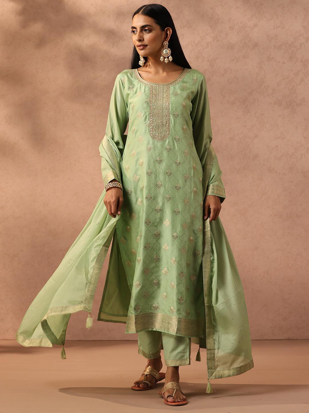 Green Self Design Silk Blend Suit Set With Trousers