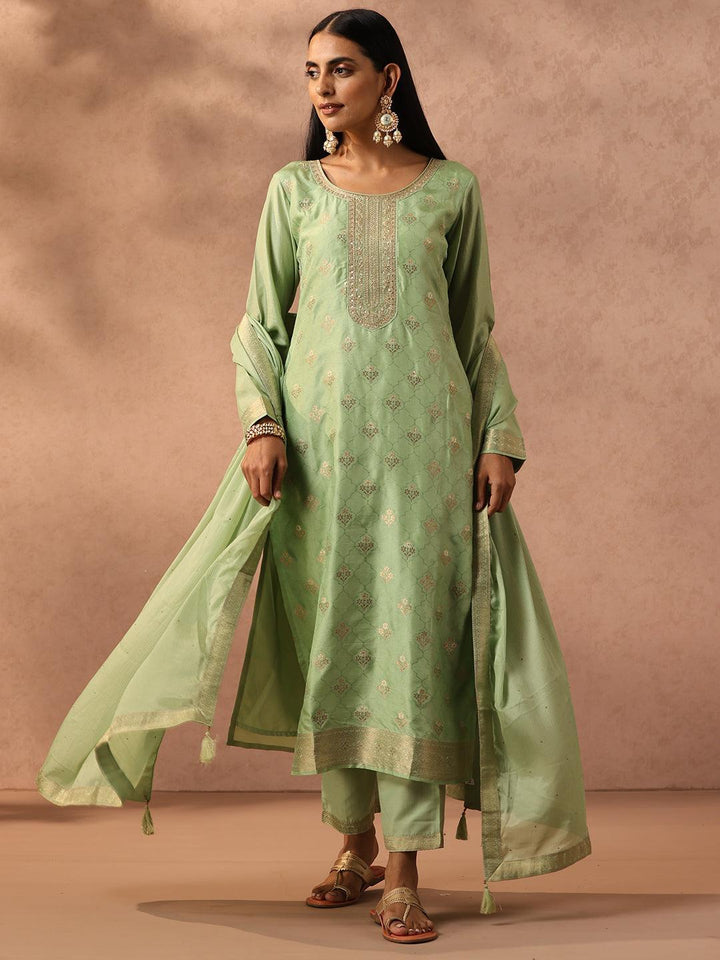 Green Self Design Silk Blend Suit Set With Trousers - ShopLibas