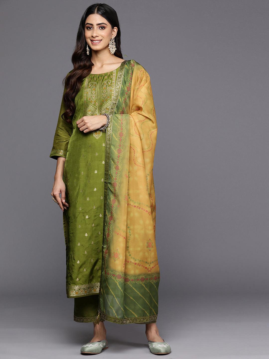 Green Self Design Silk Blend Straight Suit Set With Trousers - ShopLibas