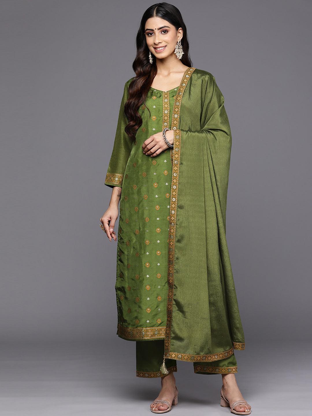 Green Self Design Silk Blend Straight Suit Set With Trousers