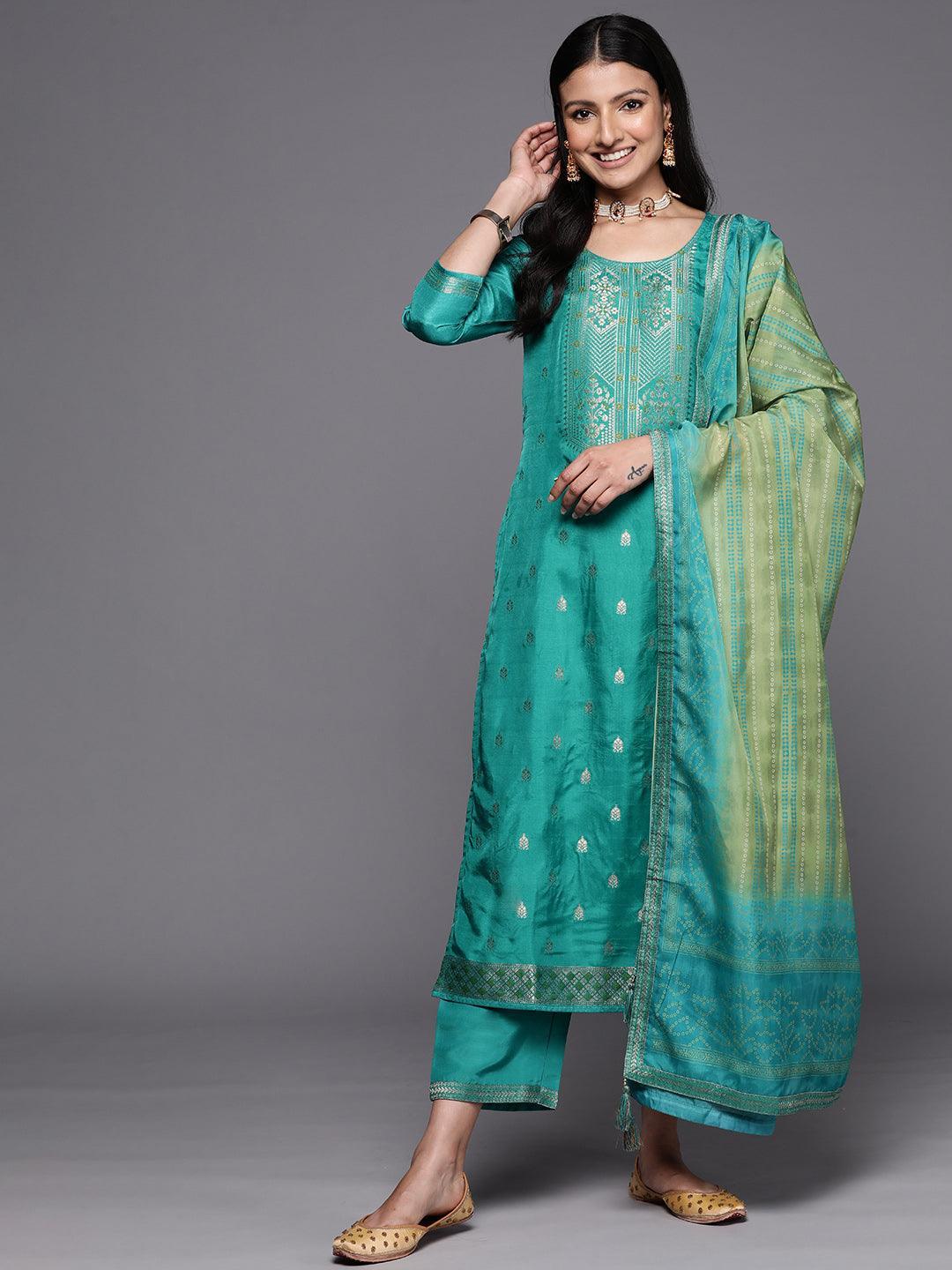 Green Self Design Silk Blend Straight Suit Set With Trousers