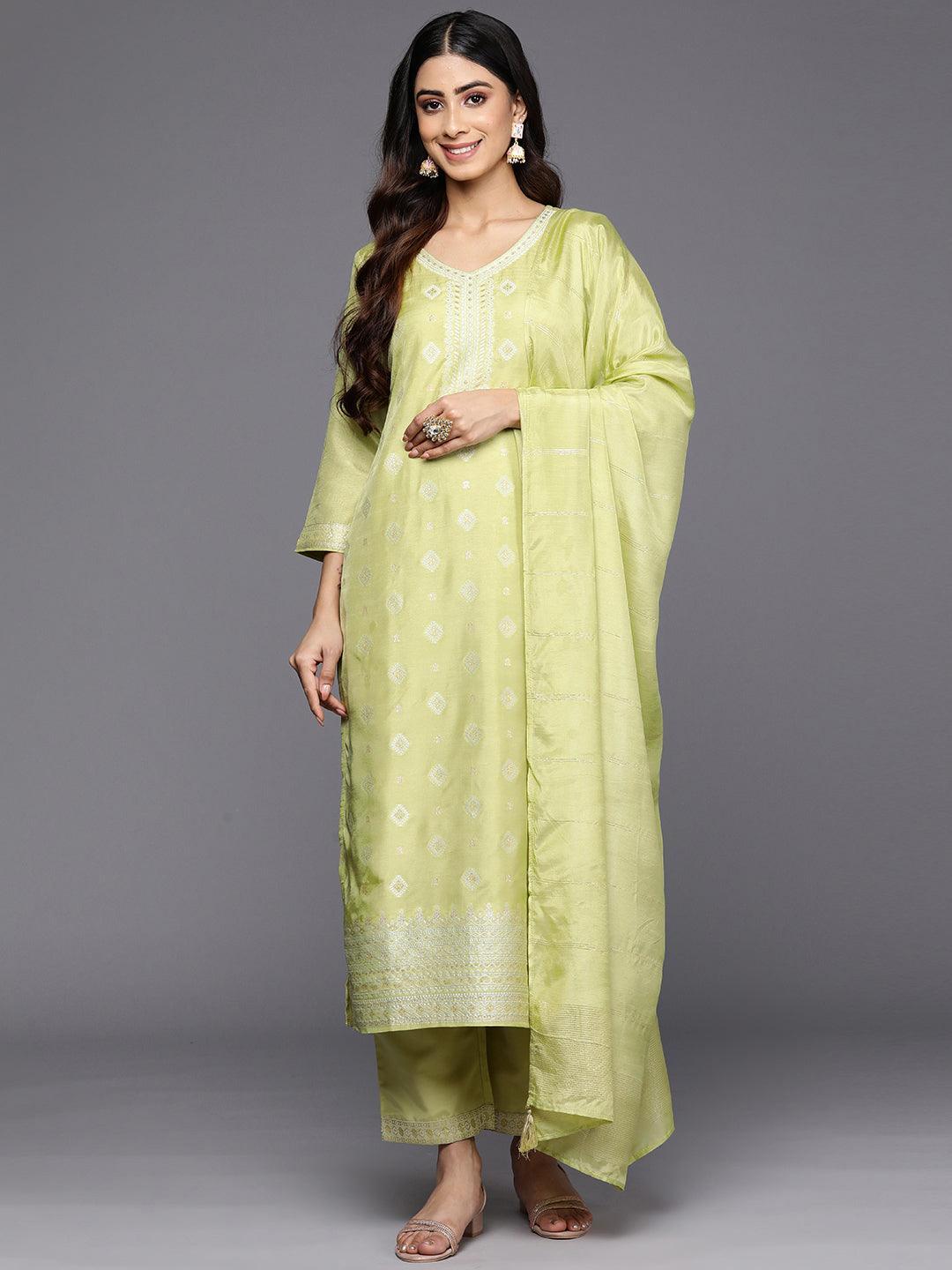 Green Self Design Silk Blend Straight Suit Set With Trousers