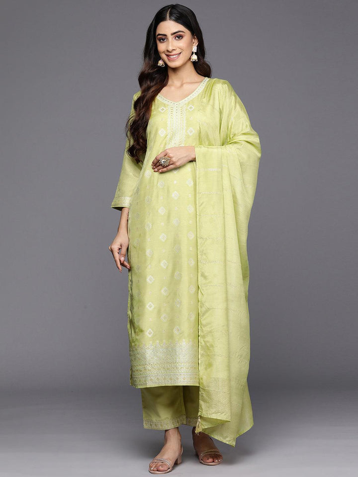 Green Self Design Silk Blend Straight Suit Set With Trousers - ShopLibas