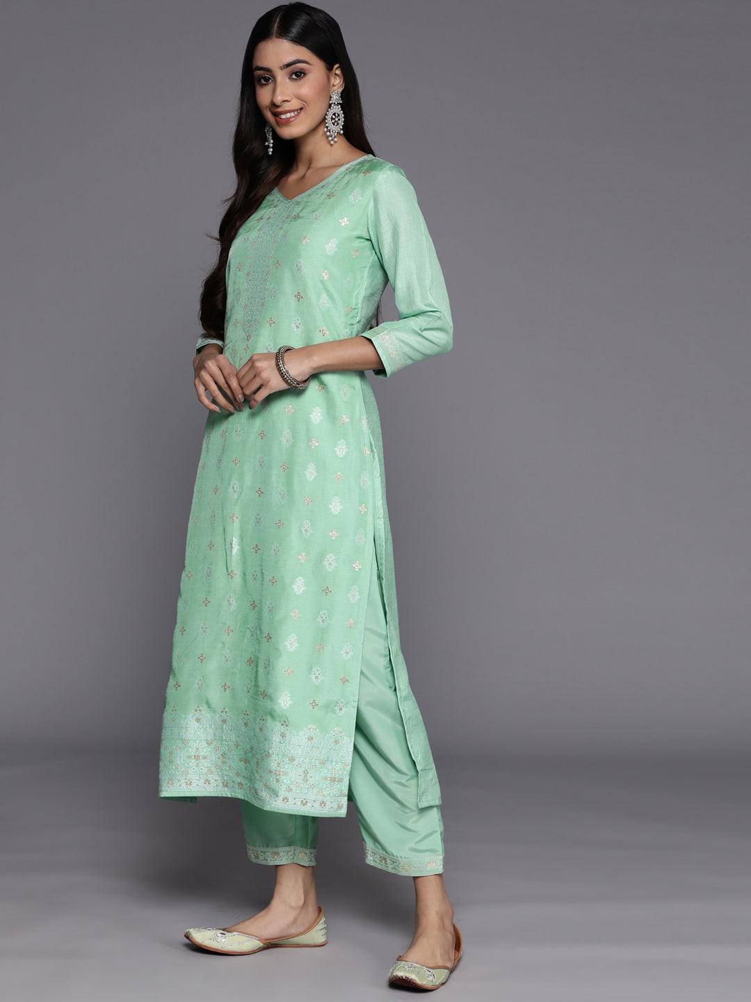 Green Self Design Silk Blend Suit Set With Trousers