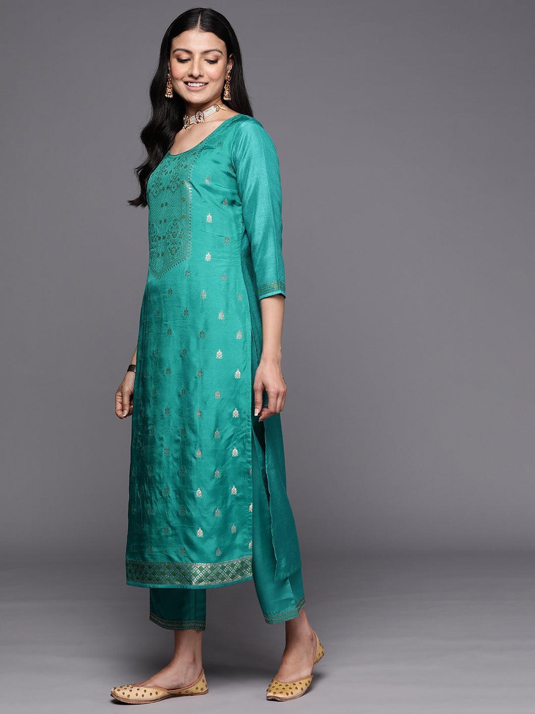 Green Self Design Silk Blend Straight Suit Set With Trousers