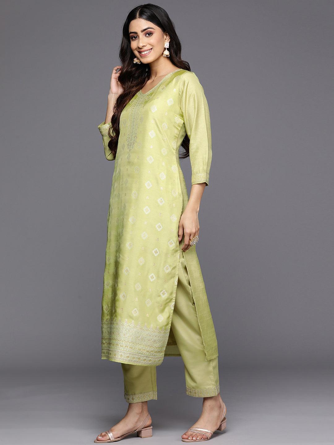 Green Self Design Silk Blend Straight Suit Set With Trousers