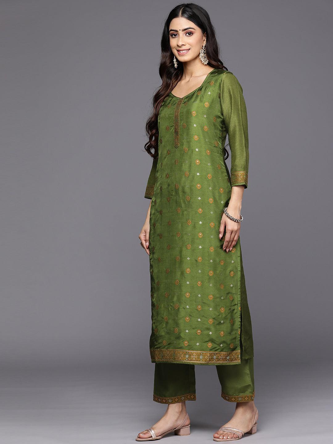 Green Self Design Silk Blend Straight Suit Set With Trousers