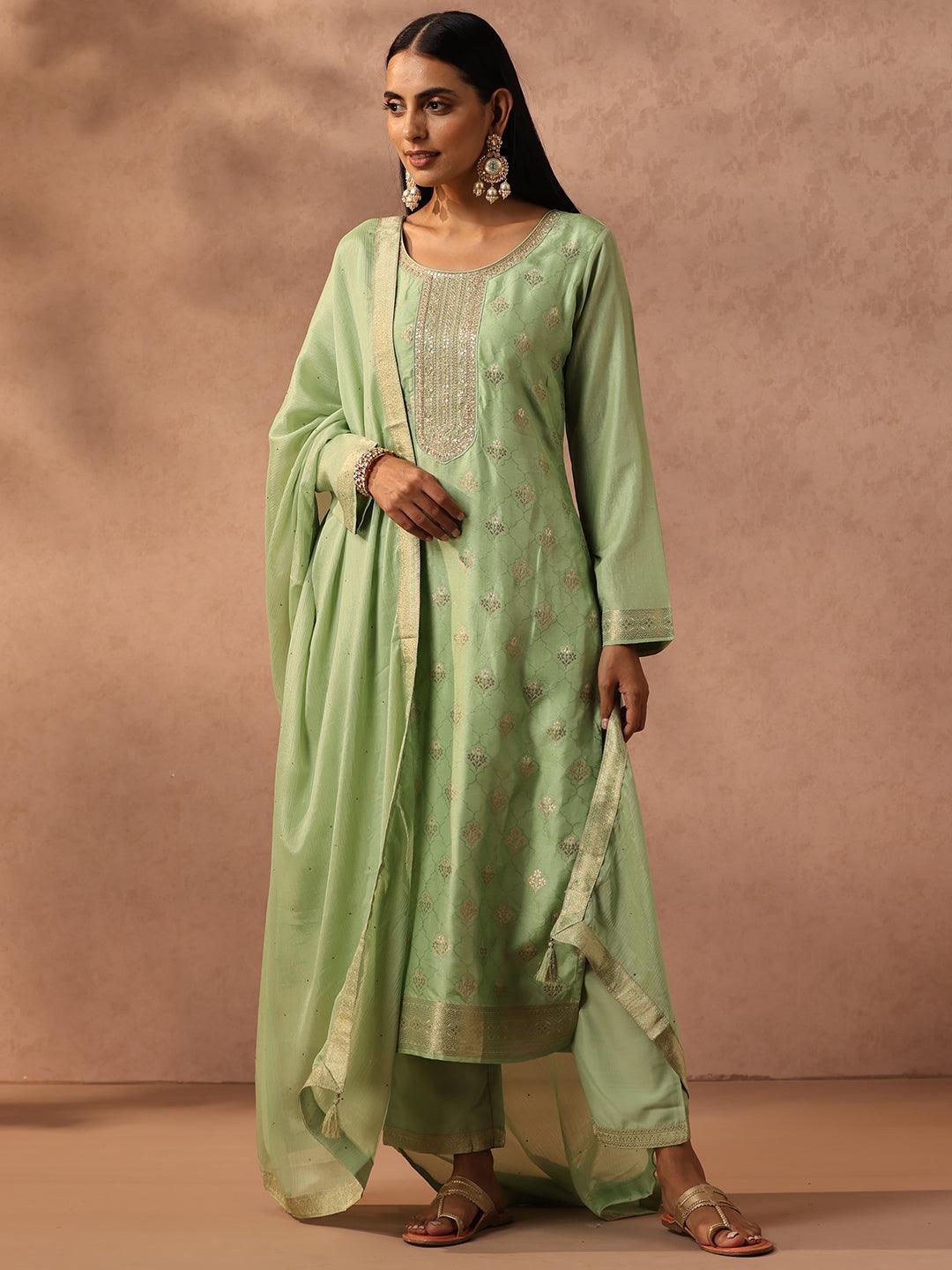 Green Self Design Silk Blend Suit Set With Trousers